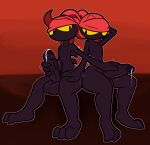  2022 3_toes balls big_balls big_penis black_body black_eyes black_glans black_penis blush clothing demon duo fecharis feet genitals glans hand_on_head handjob headgear headkerchief headwear hi_res huge_balls huge_penis humanoid humanoid_on_humanoid intraspecies kerchief leg_grab male male/male masturbation mouthless not_furry penile penile_masturbation penis purple_body red_background red_clothing red_headkerchief red_headwear red_kerchief sex shantae_(series) simple_background sitting thigh_grab tinkerbat toes ultilix video_games wayforward yellow_sclera 