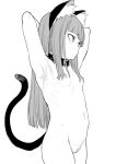  1girl animal_ear_fluff animal_ears armpits arms_behind_head arms_up azuse_neko bangs blunt_bangs breasts cat_ears cat_girl cat_tail collar commentary completely_nude cowboy_shot expressionless greyscale long_hair looking_to_the_side monochrome nude original pussy simple_background sketch small_breasts solo tail 