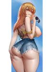  artist_name ass ass_focus aviator_sunglasses bangs bare_shoulders breasts brown_eyes camisole camisole_pull clothes_pull crop_top curvy cutoffs denim denim_shorts hair_between_eyes hand_on_own_ass high-waist_shorts highres holding holding_eyewear huge_breasts joy_(shenmue) long_hair looking_at_viewer looking_back nipples off_shoulder orange_hair parted_lips sayanestia shenmue shenmue_ii shenmue_the_animation shorts sideboob sidelocks strap_slip string sunglasses thick_thighs thighs two-tone_background yellow_camisole 