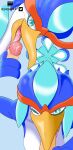  anatid anseriform anthro avian bird blue_body blue_eyes bodily_fluids breasts cum duck duo elelite female genital_fluids hi_res nintendo pokemon pokemon_(species) quaquaval solo sucking video_games 