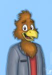  2020 accipitrid accipitriform anthro avian beak bird black_eyes blue_background brown_body brown_eyebrows brown_feathers cheek_tuft chest_tuft clothed clothing drop_shadow eagle eyebrows facial_tuft feathers grey_clothing grey_jacket grey_topwear head_tuft jacket looking_at_viewer male open_beak open_clothing open_jacket open_mouth open_topwear red_clothing red_shirt red_topwear sammfeatblueheart shaded shirt signature simple_background solo tongue topwear tuft yellow_beak 