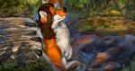  2022 anthro canid canine casual_nudity elkaart flat_chested fox fur grass hi_res macro mammal multicolored_body multicolored_fur plant river smile tree waterfall waterfall_shower 