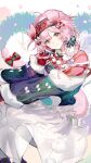 1girl absurdres ahoge animal_ears arknights bow cat_ears cat_girl cat_tail christmas feet_out_of_frame floppy_ears floral_print flower fur-trimmed_sweater goldenglow_(arknights) goldenglow_(night_loving_servant)_(arknights) green_bow green_sweater hairband head_tilt highres long_sleeves looking_at_viewer official_alternate_costume pantyhose pink_hair poinsettia print_hairband red_bow red_hairband red_shirt shirt sitting smile solo striped striped_bow sweater tail tail_bow tail_ornament twice12314 white_pantyhose yellow_eyes 