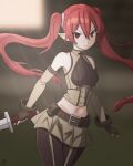  1girl absurdres angry bangs bare_shoulders belt blurry blurry_background blush breasts brown_belt closed_mouth depth_of_field detached_sleeves disgaea fingerless_gloves fire_emblem fire_emblem_awakening fire_emblem_fates geoffery10 gloves grass hair_between_eyes highres holding holding_sword holding_weapon light_rays long_hair looking_past_viewer medium_breasts red_eyes red_hair severa_(fire_emblem) skirt solo stomach stone_wall sunbeam sunlight sword twintails v-shaped_eyebrows walking wall weapon 