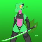  anthro armor clothed clothing female fern_shinamori generation_3_pokemon hi_res jewelry katana melee_weapon necklace ninjatreecko nintendo pokemon pokemon_(species) skimpy skimpy_armor solo stealth_suit sword treecko twig video_games weapon 