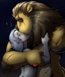  amputee anthro back_muscles brown_mane butt disability duo embrace eye_scar eyes_closed facial_scar felid fur hair hi_res hug human human_on_anthro interspecies intimate kissing larger_anthro larger_male lion male male/male mammal mane missing_arm muscular muscular_anthro muscular_male nude pandottermon pantherine ring romantic romantic_couple scar size_difference smaller_human smaller_male white_hair yellow_body yellow_fur 