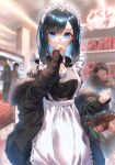  1girl absurdres apron bangs basket black_dress black_hair black_jacket blue_eyes blue_ribbon breasts cleavage commentary covered_mouth dentaku_music dress fur-trimmed_jacket fur_trim hand_on_own_chin highres holding holding_basket indoors jacket looking_at_viewer maid maid_apron maid_headdress medium_breasts medium_hair original people ribbon shopping shopping_basket sleeves_past_wrists solo_focus standing swept_bangs waist_apron white_apron 
