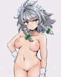  1girl braid breasts closed_mouth collarbone completely_nude cowboy_shot gloves green_eyes grey_background grey_hair hair_between_eyes hand_on_hip highres hits_(hitstts) izayoi_sakuya large_breasts maid_headdress medium_hair navel nude simple_background solo touhou twin_braids v-shaped_eyebrows white_gloves 