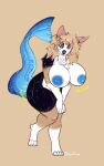  anthro bapodogs big_breasts blonde_hair blue_nipples blue_tail breast_growth breasts brown_eyes canid canine canis domestic_dog female fish_tail growth hair herding_dog hi_res hybrid long_hair mammal nipples pastoral_dog simple_background solo welsh_corgi ymbren 