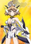  1girl absurdres black_gloves breasts brown_eyes brown_hair cleavage closed_mouth commentary_request detached_collar elbow_gloves gloves hair_ornament headgear highres kyomeihibiki large_breasts scar scar_on_chest senki_zesshou_symphogear senki_zesshou_symphogear_xd_unlimited shorts tachibana_hibiki_(symphogear) tachibana_hibiki_(symphogear)_(another) twitter_username white_gloves white_shorts 