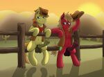  absurd_res balls bandanna big_macintosh_(mlp) biped braeburn_(mlp) clothed clothing duo earth_pony equid equine fence feral friendship_is_magic genitals hasbro hat headgear headwear hi_res horse kerchief looking_at_viewer male male/male mammal my_little_pony navel open_clothing open_topwear partially_clothed penis pony sitting smile sunset tacomytaco topwear vest 