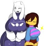  5_fingers anthro big_breasts bodily_fluids bottomwear bovid breasts brown_hair caprine clothing cute_expression cute_fangs dress duo eyebrows eyes_closed fangs female fingers frisk_(undertale) goat hair hi_res horn huge_breasts human legwear long_ears looking_at_viewer mammal mochikirb monster multicolored_clothing nervous one_eye_closed pattern_clothing purple_clothing raised_eyebrows robe shorts simple_background size_difference smile star stockings striped_clothing stripes sweat sweater thigh_highs tight_clothing topwear toriel turtleneck turtleneck_dress undertale undertale_(series) video_games white_background white_body wink 