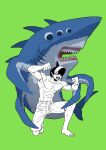  1boy abs arms_up beam_(chainsaw_man) black_hair chainsaw_man covered_eyes extra_eyes facing_to_the_side green_background greyscale_with_colored_background highres looking_at_viewer muscular one_knee open_mouth shark sharp_teeth short_hair shorts simple_background solo teeth ym_yoshiya 