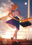  1girl asumaru bishoujo_senshi_sailor_moon black_footwear blonde_hair blue_sailor_collar blue_skirt bow cloud cloudy_sky double_bun earrings hair_bun highres jewelry moon red_bow sailor_collar skirt sky solo tsukino_usagi 