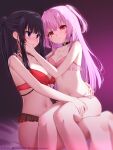  absurdres black_hair bra breasts hand_on_another&#039;s_face hand_on_another&#039;s_shoulder highres large_breasts long_hair original panties pink_bra pink_hair pink_panties purple_eyes red_bra red_eyes red_panties sitting sitting_on_lap sitting_on_person sunkazer underwear yuri 