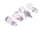  1boy 3girls ? ahoge bangs blue_hair chibi chongyun_(genshin_impact) closed_eyes coin_hair_ornament detached_sleeves ganyu_(genshin_impact) genshin_impact hair_ornament hair_over_one_eye highres horns kun_(user_ahgn2825) light_blush lying multiple_girls on_back pink_hair qiqi_(genshin_impact) shenhe_(genshin_impact) sleeping sleepy talisman vision_(genshin_impact) white_background white_hair 