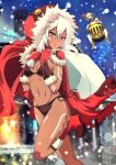  2girls azur_lane bangs bikini black_bikini blonde_hair blush bodypaint boots breasts cape cleavage comiket_101 commentary_request crossed_bangs dark-skinned_female dark_skin facepaint foot_out_of_frame fur-trimmed_gloves fur_trim gloves hair_between_eyes holding holding_sack hood hood_up long_hair looking_at_viewer medium_breasts minneapolis_(azur_lane) minneapolis_(holy_night_ride)_(azur_lane) multiple_girls murasaki_tsutsuji navel official_alternate_costume open_mouth red_cape red_eyes red_footwear red_gloves sack side-tie_bikini_bottom sled snowflakes snowing solo_focus swimsuit white_hair 