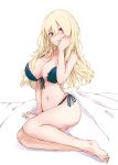  1girl arm_support atago_(kancolle) blonde_hair blue_bra blue_eyes blue_panties blush bra breasts cleavage collarbone full_body hand_to_own_mouth highres kantai_collection large_breasts long_hair looking_at_viewer navel on_bed panties rizzl simple_background sitting solo underwear white_background 
