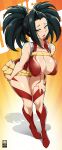  1girl alternate_hairstyle ass_visible_through_thighs bare_arms bayeuxman black_eyes black_hair boku_no_hero_academia breasts cleavage covered_nipples full_body hand_on_own_thigh highres large_breasts looking_at_viewer naughty_face open_mouth revealing_clothes smile solo standing tongue tongue_out twintails yaoyorozu_momo 