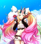  1girl big_hair black_gloves blonde_hair blue_sky bow candy_apple cloud collaboration cotton_candy crop_top day elbow_gloves facial_mark fang fate/grand_order fate_(series) fingerless_gloves food forehead_mark gloves gradient_hair hair_bow highres honchu horns hot_dog ibaraki_douji_(fate) ibaraki_douji_(swimsuit_lancer)_(fate) ibaraki_douji_(swimsuit_lancer)_(third_ascension)_(fate) isagiyo long_hair looking_at_viewer multicolored_hair navel oni oni_horns outdoors palm_tree pink_hair pom_pom_(clothes) short_shorts shorts sky smile solo tree two-tone_hair very_long_hair yellow_eyes 