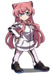  1girl absurdres adidas bangs black_footwear blue_eyes chibi eyebrows_hidden_by_hair hair_ears hand_on_hip highres hood hood_down long_hair looking_at_viewer maria_cadenzavna_eve off-white_(brand) pants pink_hair senki_zesshou_symphogear shadow shoes sidelocks smile sneakers solo streetwear sweatpants tanashi_(mk2) very_long_hair white_background white_pants 