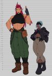  2girls abs absurdres ali_(sotcho) baggy_pants bandana belt belt_pouch biceps black_bandana black_footwear black_gloves black_horns blue_hair boots breasts brown_belt brown_footwear crop_top dark-skinned_female dark_skin dragon_girl earrings facial_mark gloves green_pants high_ponytail highres horns huge_breasts jacket jewelry long_hair looking_at_viewer measurements multiple_girls muscular muscular_female open_clothes open_jacket open_mouth original pants pointy_ears pouch purple_eyes red_hair red_rope rope short_hair slit_pupils sotcho tank_top thick_arms thick_eyebrows thick_eyelashes yellow_eyes ziyu_(sotcho) 