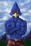  2021 abs absurd_res anthro avian beak belt biped bird blue_body blue_feathers bottomwear chibikoma clothed clothing crossed_arms digital_drawing_(artwork) digital_media_(artwork) falco_lombardi falcon falconid feathers half-length_portrait hi_res looking_at_viewer male muscular muscular_anthro muscular_male nintendo pants pecs portrait sky solo standing star_fox teal_eyes topless topless_male video_games 