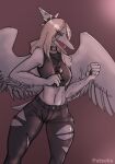  amber_eyes anthro big_wings black_claws bone_frill bottomwear breasts choker claws clothing crop_top elbow_tuft fang_(gvh) feathered_wings feathers female finger_claws fist frill_(anatomy) goodbye_volcano_high grey_hair hair hi_res holding_microphone holding_object jewelry microphone navel necklace open_mouth pants patecko pendant pterodactylus pterosaur reptile scalie shirt simple_background solo spiked_hairband spread_wings standing teeth thigh_gap topwear torn_bottomwear torn_clothing torn_pants wide_hips wings 