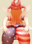  1girl american_flag_dress american_flag_legwear blonde_hair cameltoe cleft_of_venus clownpiece dress fairy_wings from_behind hand_on_own_ass hat highres jester_cap kaabon_meshi long_hair polka_dot short_sleeves solo star_(symbol) touhou wings 