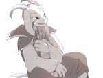  2_horns anthro asriel_dreemurr_(god_form) black_sclera bovid caprine chara_(undertale) clothing duo embrace female fur goat hair hand_on_arm hi_res horn hug human larger_anthro long_ears looking_back male male/female male_anthro mammal monochrome monster robe short_tail simple_background sitting size_difference smaller_human undertale undertale_(series) video_games white_body white_fur y_r_k_4 young 