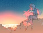  1girl blue_eyes blue_hair blue_hoodie blue_sky brown_footwear colored_inner_hair dangling highres hood hoodie long_sleeves looking_at_viewer multicolored_hair original pink_hair shoes sitting skirt sky smile solo star_(sky) starry_sky sunrise sunset tsu_(lovesick1964) 