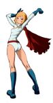  1girl arm_up ass bangs blonde_hair blue_eyes blue_footwear blue_gloves boots breasts cape cleavage_cutout closed_mouth clothing_cutout dc_comics full_body gloves knee_boots leotard looking_at_viewer looking_back pinebrushxd power_girl red_cape short_hair simple_background sketch small_breasts solo standing white_background white_leotard 