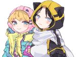  2girls animal_hood animification apex_legends bangs black_hair blue_eyes blue_jacket blush cat_hood eyeshadow head_tilt hood hood_up jacket kawaii_voltage_wattson looking_at_viewer makeup multiple_girls official_alternate_costume parted_bangs pink_eyeshadow pink_headwear print_sweater ribbed_sweater riku_(ururi7610) scarf smile star_(symbol) sweater turtleneck turtleneck_sweater void_prowler_wraith wattson_(apex_legends) white_background white_scarf wraith_(apex_legends) yellow_sweater 