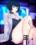  1girl absurdres blue_hair blue_skirt blurry collar depth_of_field highres jacket jewelry light_smile looking_at_viewer necklace persona persona_5 red_eyes red_nails skirt spiked_collar spikes takemi_tae thighs truejekart white_jacket 