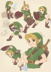 1boy absurdres aged_down bangs blonde_hair blue_eyes boots brown_footwear fairy fighting_stance full_body green_headwear green_tunic hands_on_hips highres holding holding_shield holding_sword holding_weapon link male_focus multiple_views navi open_mouth parted_bangs pointy_hat shield short_hair short_sleeves sitting smile sword takapon-o-ji the_legend_of_zelda the_legend_of_zelda:_ocarina_of_time twitter_username weapon weapon_on_back young_link 