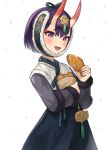  1girl absurdres alternate_costume bag blush commentary_request eyeliner fangs fate/grand_order fate_(series) flat_chest food fur-trimmed_jacket fur_trim hanbok headpiece headwear_request highres holding holding_bag holding_food horns jacket korean_clothes korean_commentary long_sleeves looking_at_viewer looking_to_the_side makeup object_hug oni_horns open_mouth paper_bag pink_nails purple_eyes purple_hair short_hair shuten_douji_(fate) simple_background skin-covered_horns slit_pupils smile snowing solo sookmo steam taiyaki tassel triangle_mouth wagashi white_background 