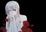 1girl black_background closed_mouth flower flower_in_eye grey_hair highres interlocked_fingers long_hair looking_at_viewer original own_hands_together red_eyes red_flower red_rose rose simple_background solo symbol_in_eye tsu_(lovesick1964) wrist_cutting 
