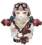  1girl animification apex_legends blue_eyes blush brown_gloves brown_headwear brown_scarf electricity eyewear_on_headwear gloves grey_jacket hand_on_own_arm helmet jacket official_alternate_costume open_mouth outlands_explorer_wattson riku_(ururi7610) scar scar_on_cheek scar_on_face scarf simple_background smile solo sunglasses upper_body wattson_(apex_legends) white_background 