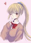  1girl blonde_hair brown_eyes cardigan hair_ornament hair_scrunchie long_hair misao official_art one_eye_closed ponytail saotome_haruna_(misao) school_uniform scrunchie seeen sweater upper_body 