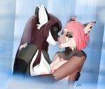  absurd_res adira_auburn anthro bodily_fluids breasts domestic_cat duo embrace felid feline felis female female/female french_kissing friend friends hi_res hug kissing maine_coon mammal nipples pantherine saliva shower sibi_(sibi_the_messtress) sibi_the_messtress sloppy_kiss wet 