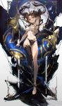  1girl absurdres armlet bangs bankongping bare_shoulders barefoot black_hair blue_butterfly breasts bug butterfly chain commentary_request earrings expressionless fate/grand_order fate_(series) full_body gold_trim hair_ribbon heavenly_boat_maanna highres hoop_earrings ishtar_(fate) jewelry light_particles long_hair looking_at_viewer medium_breasts navel parted_bangs red_eyes ribbon single_thighhigh solo thighhighs two_side_up weapon 