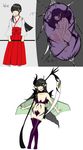  before_and_after black_hair cocoon corruption dark_persona highres japanese_clothes long_hair miko nude scythe staff transformation weapon 