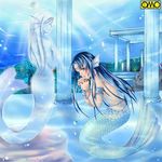  blue_eyes blue_hair fin fins fish jewelry lots_of_jewelry lowres mermaid monster_girl pillar pray praying statue underwater 