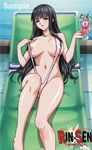  bangs black_hair blush body_blush breasts breasts_apart cameltoe card_(medium) cleavage cocktail_umbrella copyright_name curvy dated drink drinking_straw ebihara_urara flower holding lace lace-trimmed_swimsuit large_breasts lee_si-min legs long_hair looking_at_viewer lying naughty_face navel nipples official_art on_back open_mouth orange_eyes outdoors pool poolside reclining rin_x_sen sample sidelocks slingshot_swimsuit solo swimsuit undressing very_long_hair water watermark wide_hips 