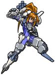  armored_core armored_core_3 blue_eyes bodysuit brown_hair gun long_hair mecha_musume simple_background solo third-party_edit weapon 