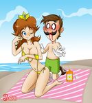  artist_request beach_towel bikini blood breasts cleavage luigi mario_(series) nintendo nosebleed princess_daisy smile super_mario super_mario_bros. super_mario_land swimsuit undressing wink 