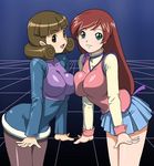  2girls breast_press breasts brown_eyes brown_hair capcom cleavage funaki-sensei green_eyes large_breasts long_hair lowres multiple_girls oozono_mariko rockman rockman_exe skirt smile symmetrical_docking 