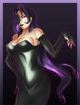  1girl artist_request bare_shoulders black_dress black_gloves black_lipstick breasts cleavage dress fullmetal_alchemist gloves glow glowing hair_over_one_eye homunculus lipstick long_hair lust lust_(character) makeup ouroboros pink_eyes purple purple_hair saviooo shiny skin_tight slit_pupil slit_pupils smile solo strapless strapless_dress tattoo tight wavy_hair 