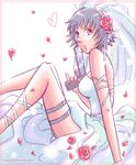  black_hair blue_eyes breasts capcom devil_may_cry devil_may_cry_3 dress female flower gun hair_ornament heterochromia lady lady_(devil_may_cry) red_eyes rose short_hair sitting solo thigh_strap unitedflavors weapon wedding_dress white_background 