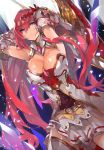  1girl armpits arms_behind_head arms_up bangs bare_shoulders belt blue_eyes breasts cleavage closed_mouth commentary_request detached_collar elbow_gloves gauntlets gem gloves godguard_brodia granblue_fantasy hair_between_eyes hair_ornament hyakuhachi_(over3) large_breasts long_hair looking_at_viewer red_hair skirt solo thighhighs very_long_hair white_gloves white_skirt 